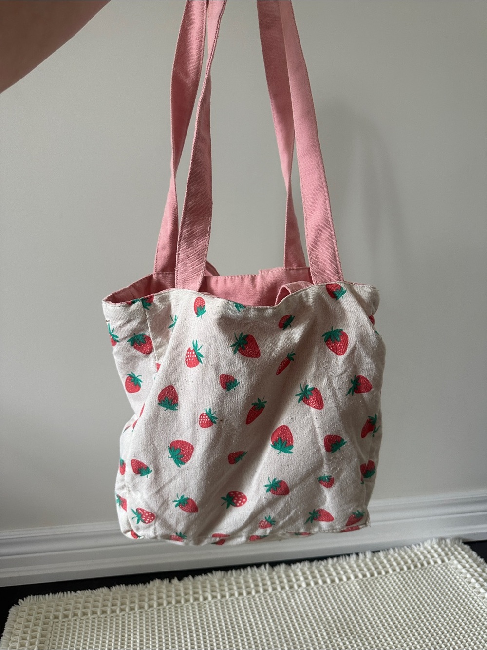 Pink Strawberry Print Reversible Canvas Tote Bag